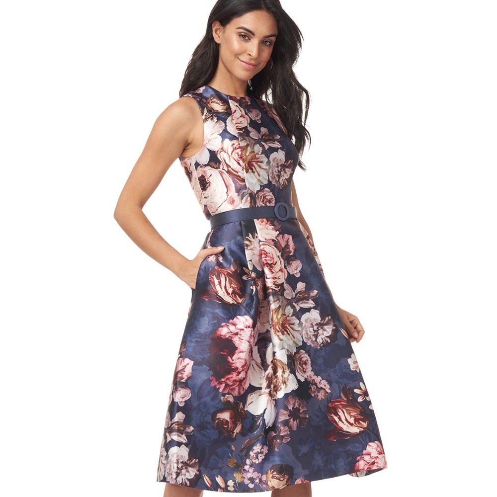 Kay Unger Floral Navy Pink White Print Dress